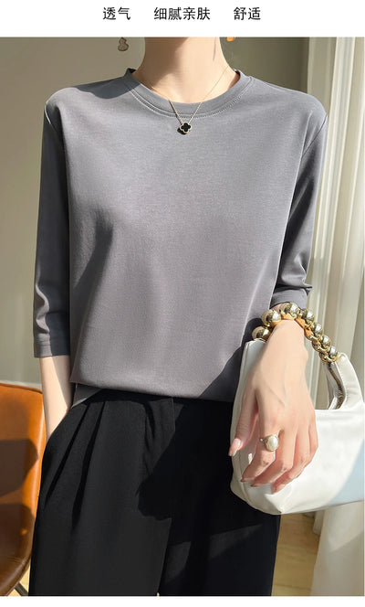 Camiseta feminina de manga curta de algodão mercerizado branco, nova primavera e verão, coringa, algodão, manga curta, camisa