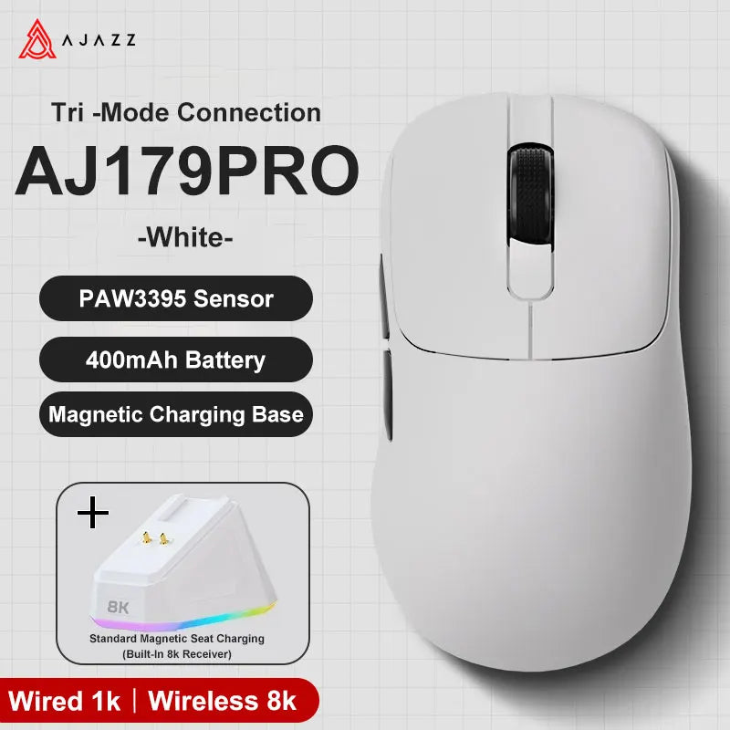 Mouse sem fio com fio leve AJAZZ AJ179 PRO PAW3395 com base de carregamento magnética ergonômico e macro para jogos para PC e laptop
