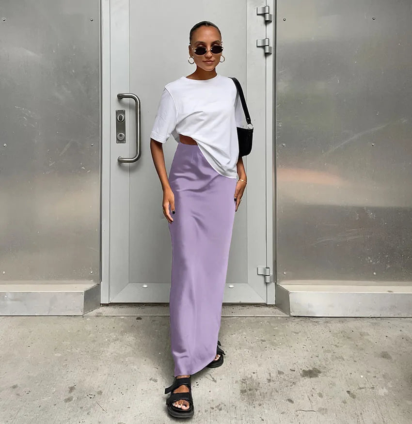 Saias elegantes de cetim preto trompete moda saias finas de cintura alta femininas sólidas escritório saia longa primavera verão