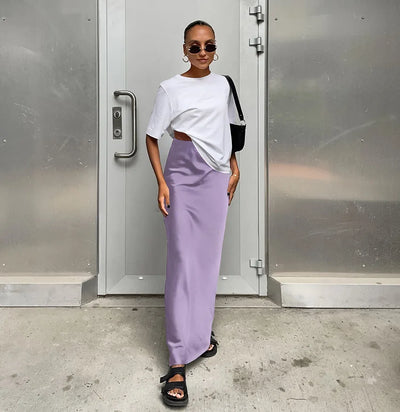 Saias elegantes de cetim preto trompete moda saias finas de cintura alta femininas sólidas escritório saia longa primavera verão