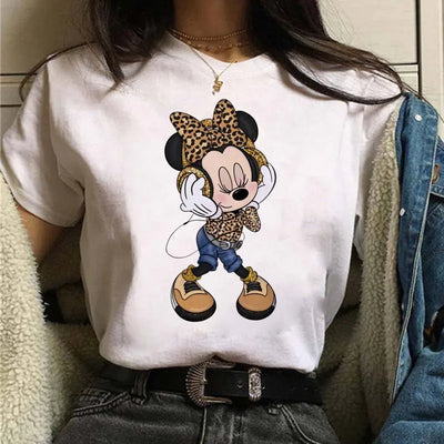 Camisetas fofas de desenho animado da Disney, Mickey Mouse, estampa de leopardo, Minnie, camiseta feminina, verão, branca, manga curta, gola redonda, tops masculinos