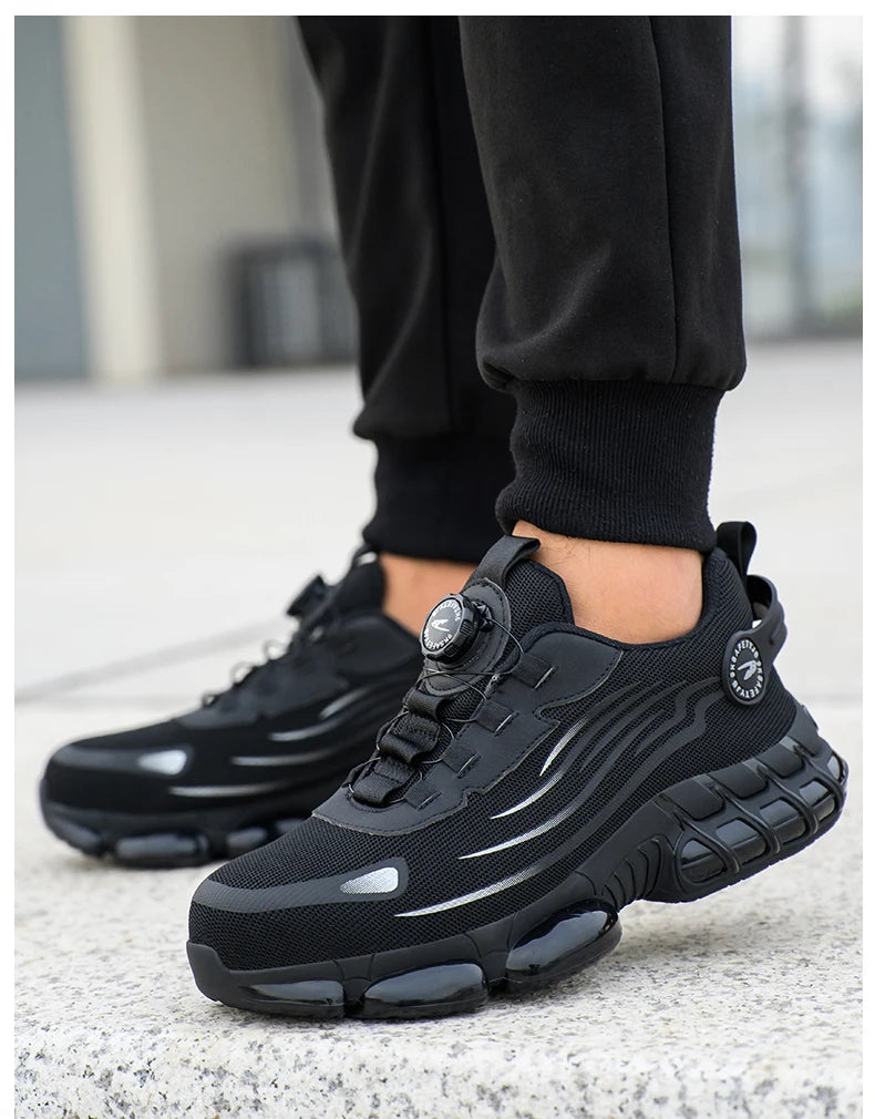 Novos calçados de segurança com botão giratório para homens, anti-esmagamento e anti-furo, calçados de trabalho da moda, calçados esportivos masculinos, botas de segurança e proteção para homens