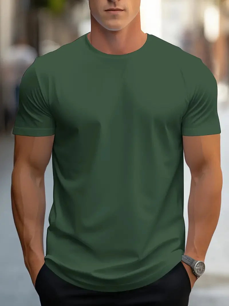 Moda masculina simples cor sólida estampada manga curta verão tops moda de rua gola redonda camiseta masculina solta