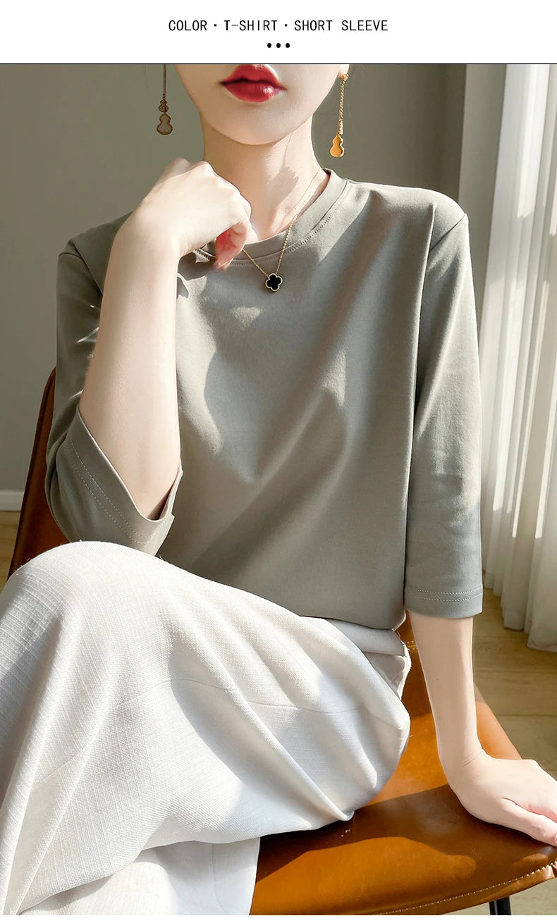 Camiseta feminina de manga curta de algodão mercerizado branco, nova primavera e verão, coringa, algodão, manga curta, camisa