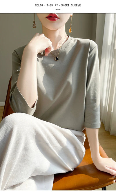 Camiseta feminina de manga curta de algodão mercerizado branco, nova primavera e verão, coringa, algodão, manga curta, camisa