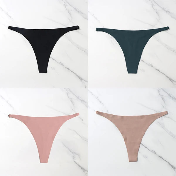 Lote com 4 peças de calcinhas sensuais sem costura, roupa íntima feminina, com cordão de seda gelo, cintura fina, tanga feminina, lisa, tanga feminina, costas nuas