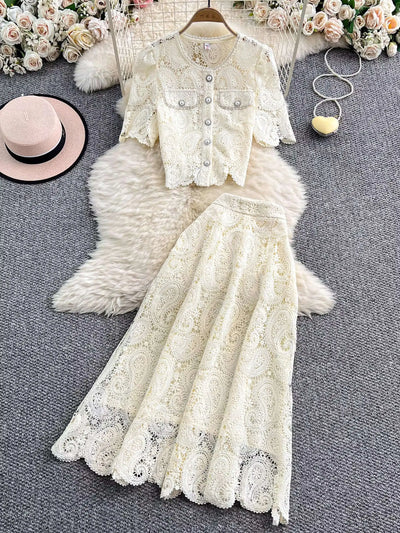 Elegante vestido longo de pérolas, conjunto feminino de 2 peças, manga curta, flor, bordado, camisa de renda, saia midi evasê