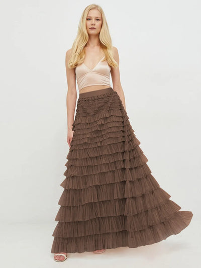 Saias casuais sólidas femininas em camadas, saia de tule com cintura alta, plissada, longa, tutu, elegantes, para mulheres, malha selvagem, saias longas para encontros