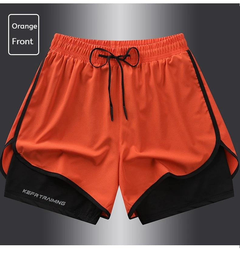 Shorts esportivos casuais anti-exposição de camada dupla masculinos, mais vendidos no verão, para corrida, fitness, calças três quartos