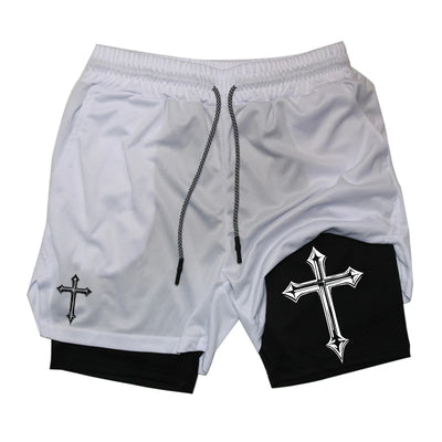 Shorts de corrida 2 em 1 com estampa cruzada para homens, shorts esportivos de academia cristã com forro de compressão, bolso para celular e toalha G