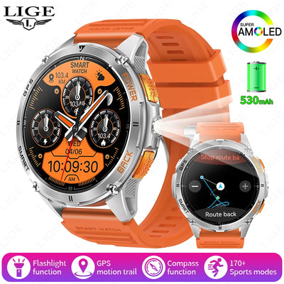 Relógio inteligente LIGE GPS premium, novo, altímetro, barômetro, tela AMOLED, GPS e bússola integrados, relógio inteligente esportivo militar masculino