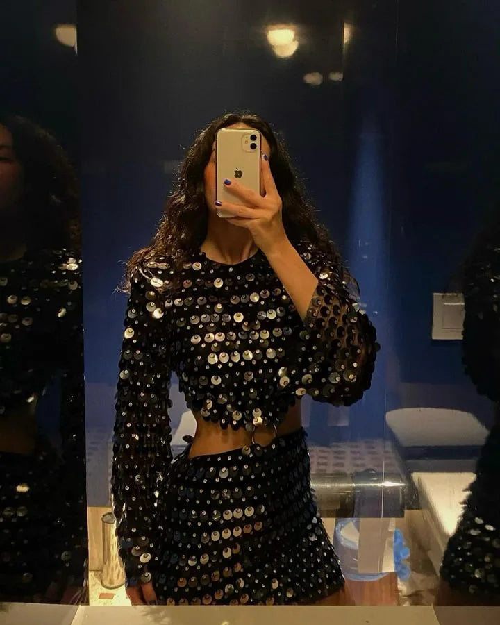 Vestido novo primavera/verão 2024, moda feminina, cor sólida, lantejoulas, manga flare, vestido feminino sexy, gola redonda, irregularular Mini Dress