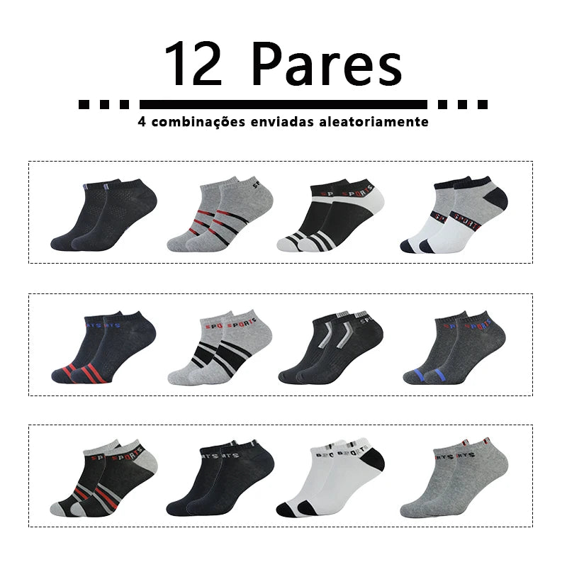 12 pares, meias curtas estilo barco, meias masculinas de algodão, leves, respiráveis, meias curtas, contendo algodão