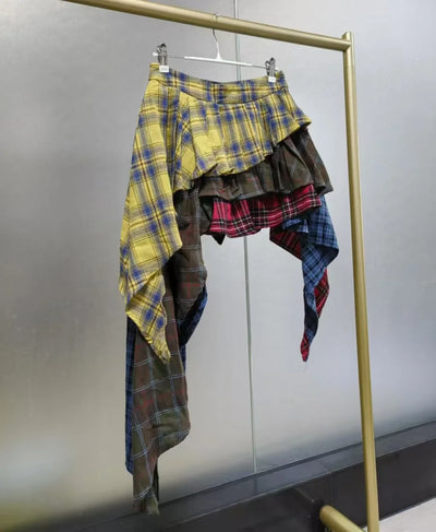 Foto real tendência de outono nova moda algodão xadrez patchwork saia irregular cintura alta calças saia feminina streetwear Y2K saia