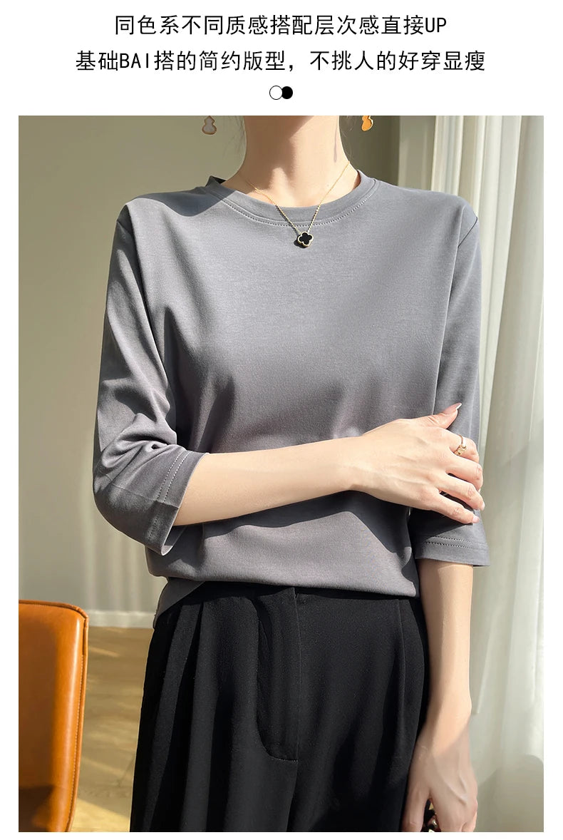 Camiseta feminina de manga curta de algodão mercerizado branco, nova primavera e verão, coringa, algodão, manga curta, camisa