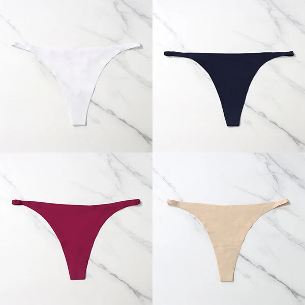 Lote com 4 peças de calcinhas sensuais sem costura, roupa íntima feminina, com cordão de seda gelo, cintura fina, tanga feminina, lisa, tanga feminina, costas nuas
