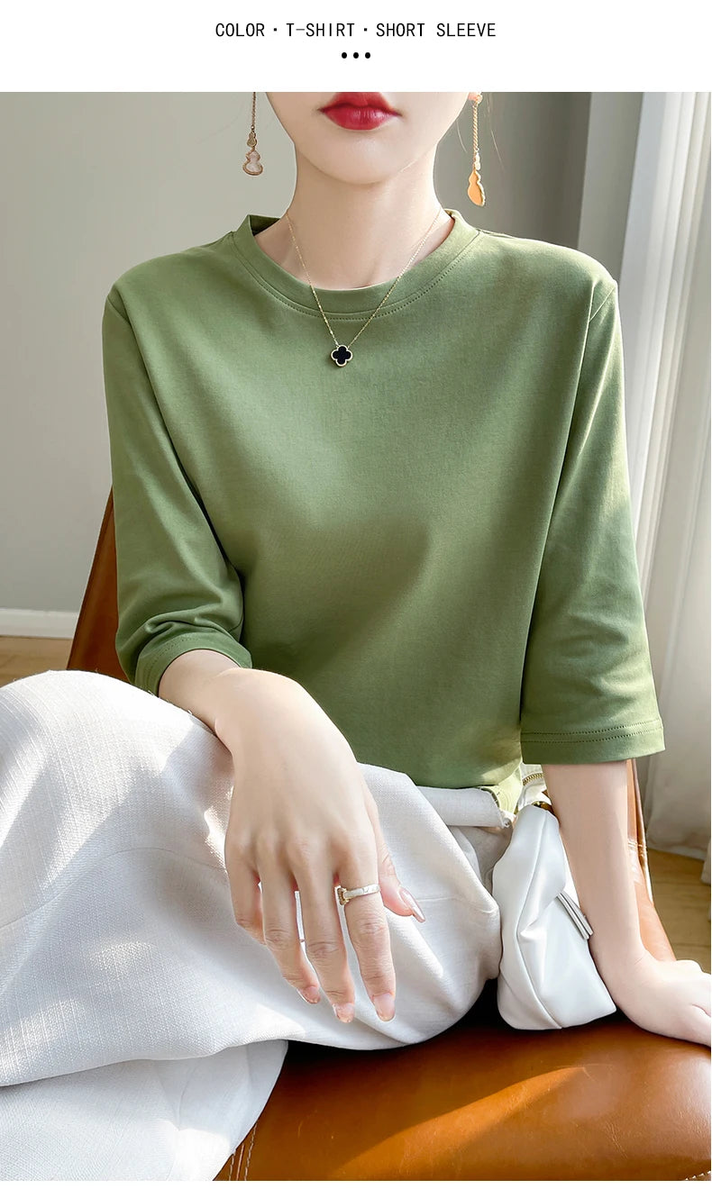 Camiseta feminina de manga curta de algodão mercerizado branco, nova primavera e verão, coringa, algodão, manga curta, camisa