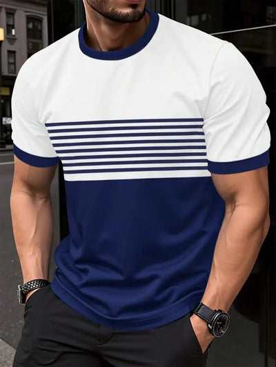 Camiseta masculina para atividades ao ar livre, moda verão, casual, gola redonda, manga curta, listrada, estilo estampado, tamanho asiático, roupa masculina, camiseta