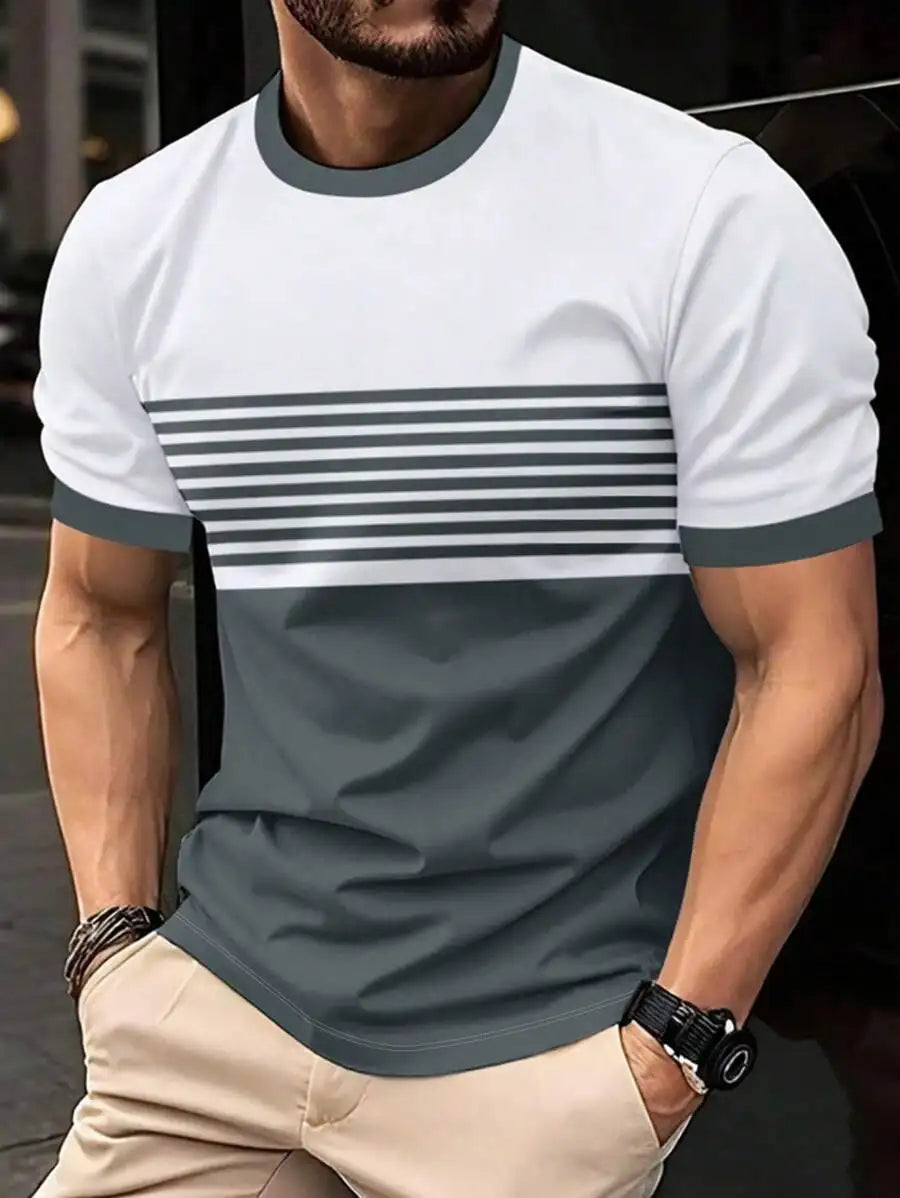 Camiseta masculina para atividades ao ar livre, moda verão, casual, gola redonda, manga curta, listrada, estilo estampado, tamanho asiático, roupa masculina, camiseta