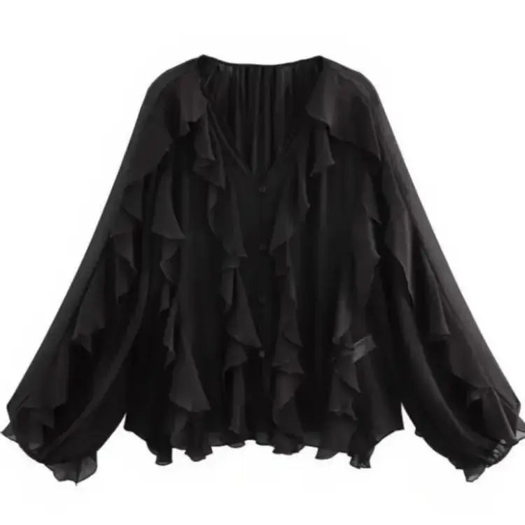 Camisas femininas elegantes, soltas, de manga comprida, em camadas, para escritório, vintage, com decote em V, translúcidas, com babados em camadas, verão 2025