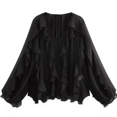 Camisas femininas elegantes, soltas, de manga comprida, em camadas, para escritório, vintage, com decote em V, translúcidas, com babados em camadas, verão 2025