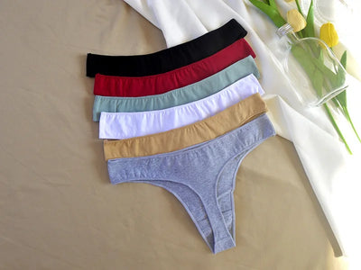 Calcinha fio dental feminina de algodão 6 peças, esportiva, respirável, cintura baixa, lingerie sexy feminina, cor sólida, fio dental