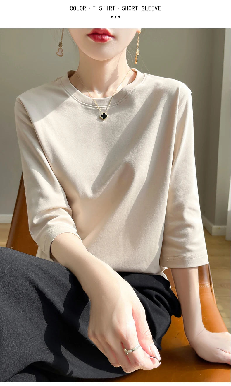 Camiseta feminina de manga curta de algodão mercerizado branco, nova primavera e verão, coringa, algodão, manga curta, camisa