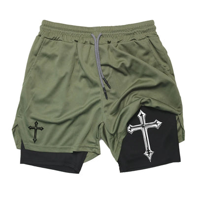 Shorts de corrida 2 em 1 com estampa cruzada para homens, shorts esportivos de academia cristã com forro de compressão, bolso para celular e toalha G