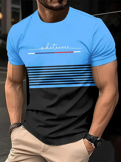 Camiseta masculina para atividades ao ar livre, moda verão, casual, gola redonda, manga curta, listrada, estilo estampado, tamanho asiático, roupa masculina, camiseta