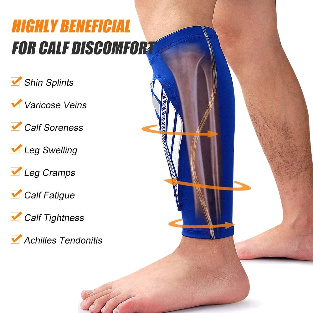 1 peça de mangas de compressão para panturrilha com almofada de EVA para homens e mulheres, suporte para pernas para dores nas canelas, caneleiras para corrida de futebol