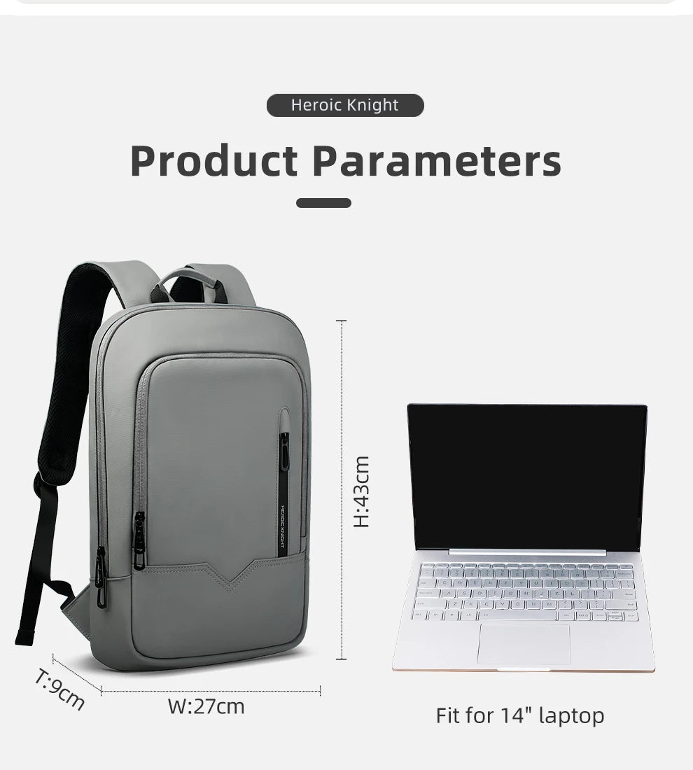 Mochila Heroic Knight para laptop de 14" Mochila fina masculina multifuncional para negócios, à prova d'água, com carregamento USB, mochila de viagem para trabalho