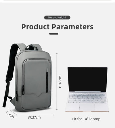 Mochila Heroic Knight para laptop de 14" Mochila fina masculina multifuncional para negócios, à prova d'água, com carregamento USB, mochila de viagem para trabalho