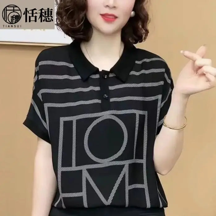 Camiseta feminina de verão, estampa de escritório, gola polo, manga curta, casual, solta, fina, para combinar