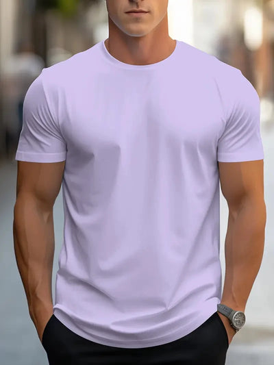 Moda masculina simples cor sólida estampada manga curta verão tops moda de rua gola redonda camiseta masculina solta
