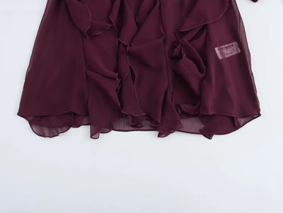 Camisas femininas elegantes, soltas, de manga comprida, em camadas, para escritório, vintage, com decote em V, translúcidas, com babados em camadas, verão 2025