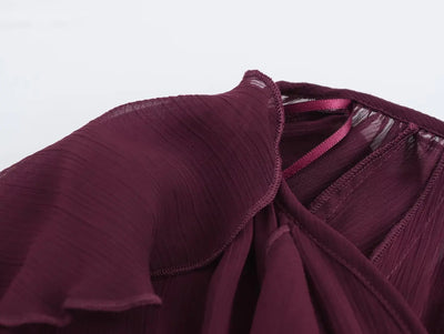 Camisas femininas elegantes, soltas, de manga comprida, em camadas, para escritório, vintage, com decote em V, translúcidas, com babados em camadas, verão 2025