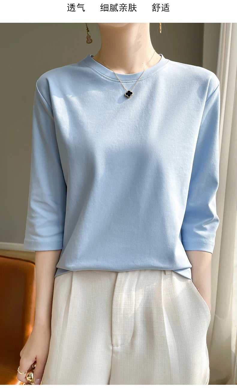 Camiseta feminina de manga curta de algodão mercerizado branco, nova primavera e verão, coringa, algodão, manga curta, camisa