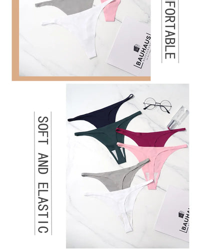 Lote com 4 peças de calcinhas sensuais sem costura, roupa íntima feminina, com cordão de seda gelo, cintura fina, tanga feminina, lisa, tanga feminina, costas nuas