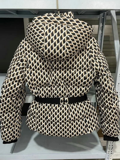 Casacos femininos de inverno com capuz, cintura alta, acolchoados, esportivos, parkas, com cinto, elegantes, grossos, quentes, à prova de vento, jaquetas de esqui