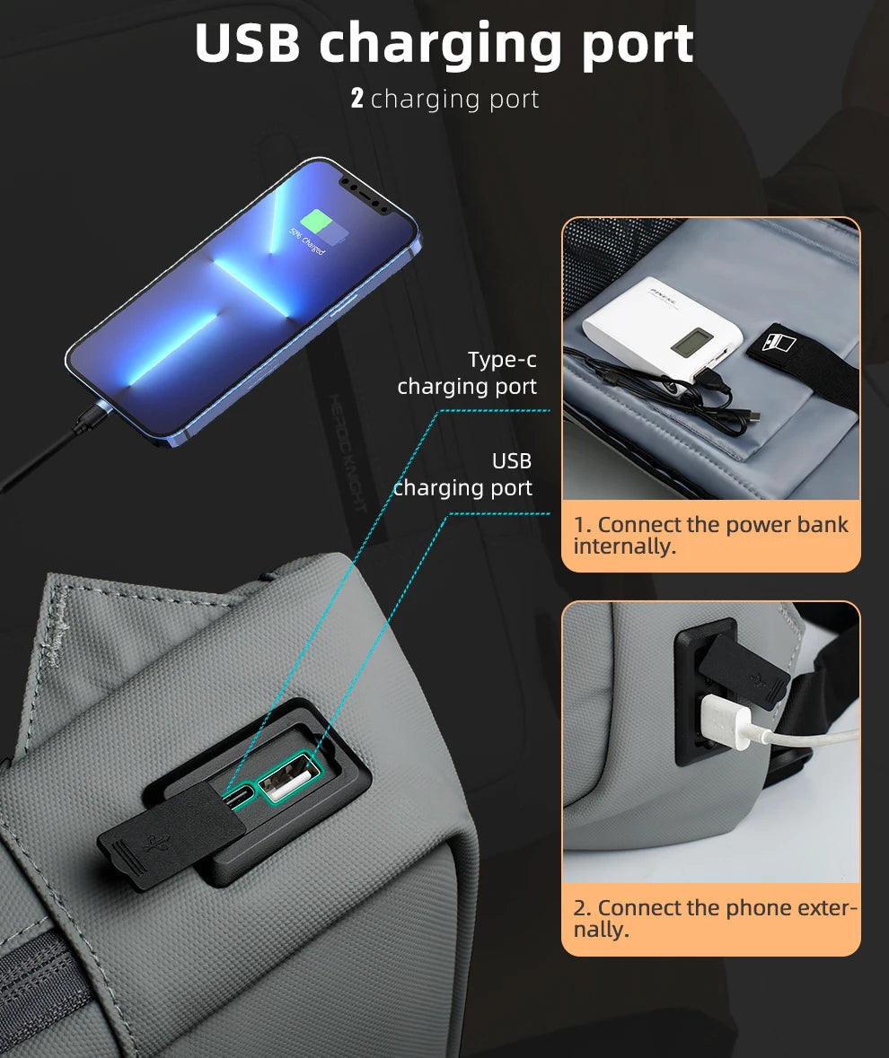 Mochila Heroic Knight para laptop de 14" Mochila fina masculina multifuncional para negócios, à prova d'água, com carregamento USB, mochila de viagem para trabalho