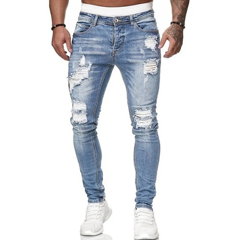 Calça jeans skinny rasgada estilo streetwear masculina, calça jeans vintage lisa com lavagem, calça jeans slim fit casual masculina, calça jeans lápis, promoção imperdível