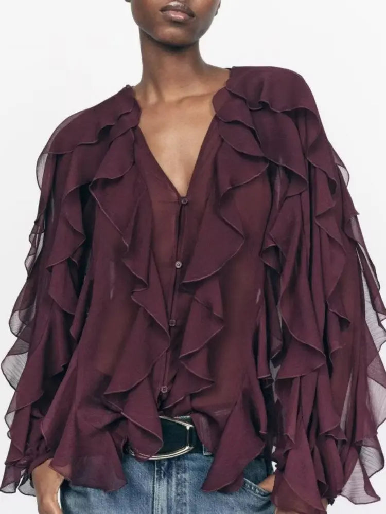 Camisas femininas elegantes, soltas, de manga comprida, em camadas, para escritório, vintage, com decote em V, translúcidas, com babados em camadas, verão 2025