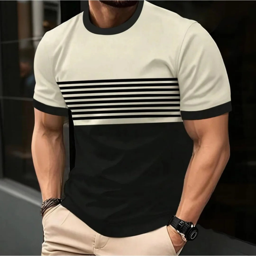 Camiseta masculina para atividades ao ar livre, moda verão, casual, gola redonda, manga curta, listrada, estilo estampado, tamanho asiático, roupa masculina, camiseta