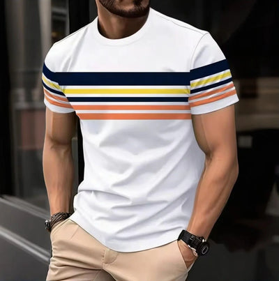 Camiseta masculina para atividades ao ar livre, moda verão, casual, gola redonda, manga curta, listrada, estilo estampado, tamanho asiático, roupa masculina, camiseta