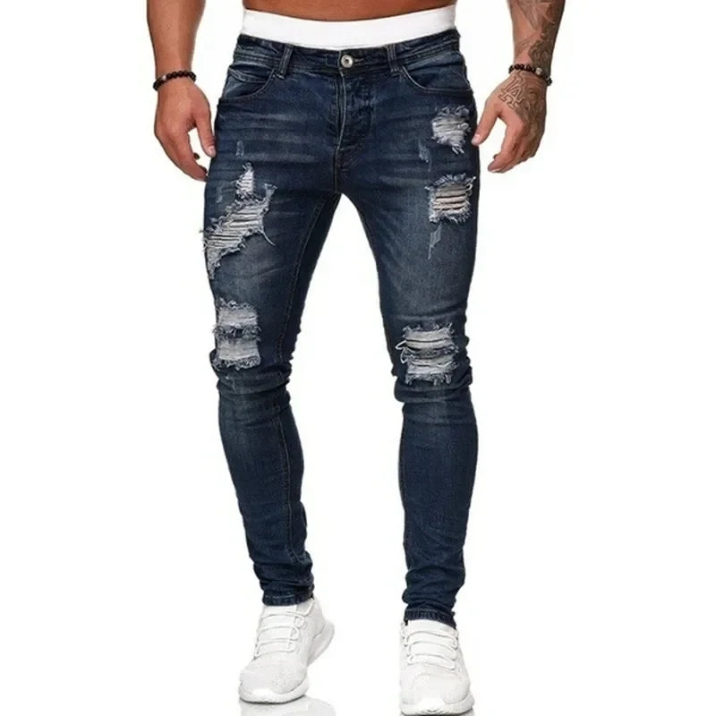 Calça jeans skinny rasgada estilo streetwear masculina, calça jeans vintage lisa com lavagem, calça jeans slim fit casual masculina, calça jeans lápis, promoção imperdível