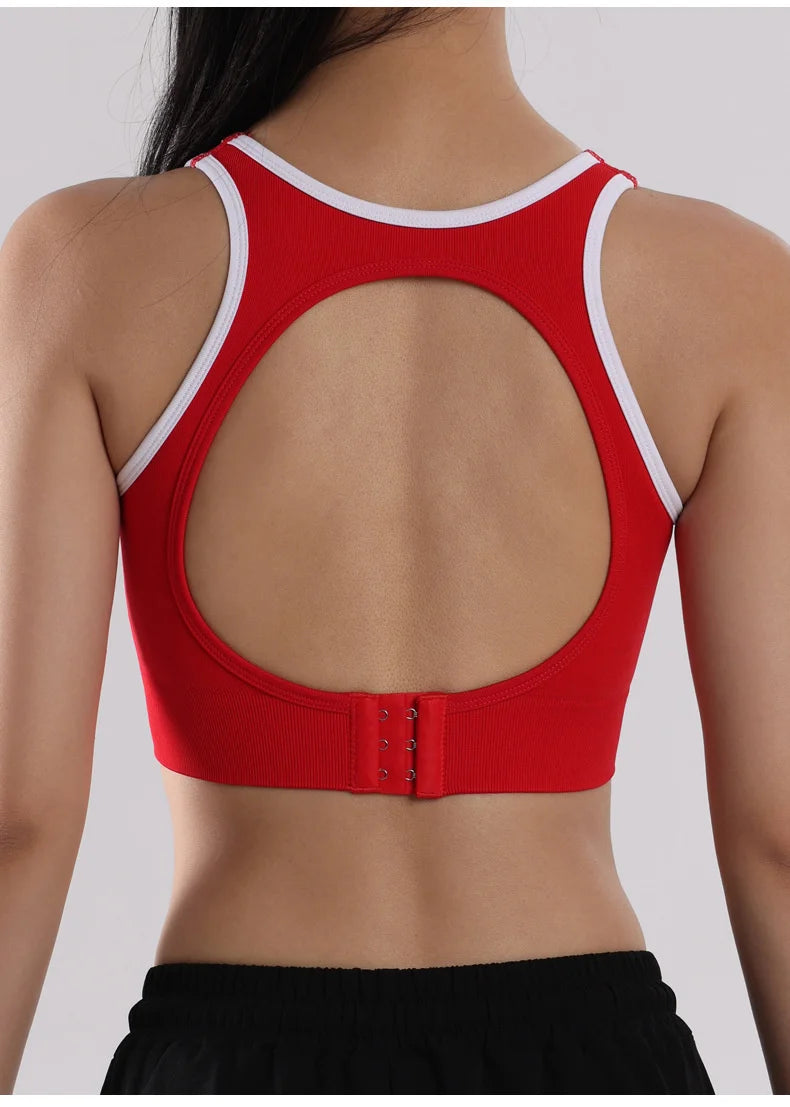 Sutiã esportivo de ioga com contraste de cores SVEIC, sem costura, vazado, costas bonitas, roupa íntima para treino fitness, à prova de choque, para corrida e academia
