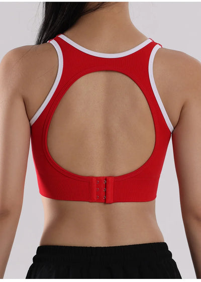 Sutiã esportivo de ioga com contraste de cores SVEIC, sem costura, vazado, costas bonitas, roupa íntima para treino fitness, à prova de choque, para corrida e academia