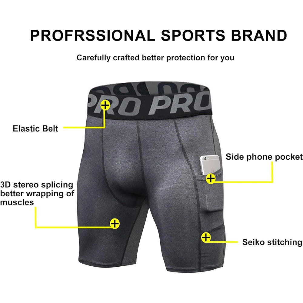 Shorts de ginástica masculino com bolsos, leggings de compressão para treino, cuecas boxer de poliéster para corrida, basquete, meia-calça esportiva