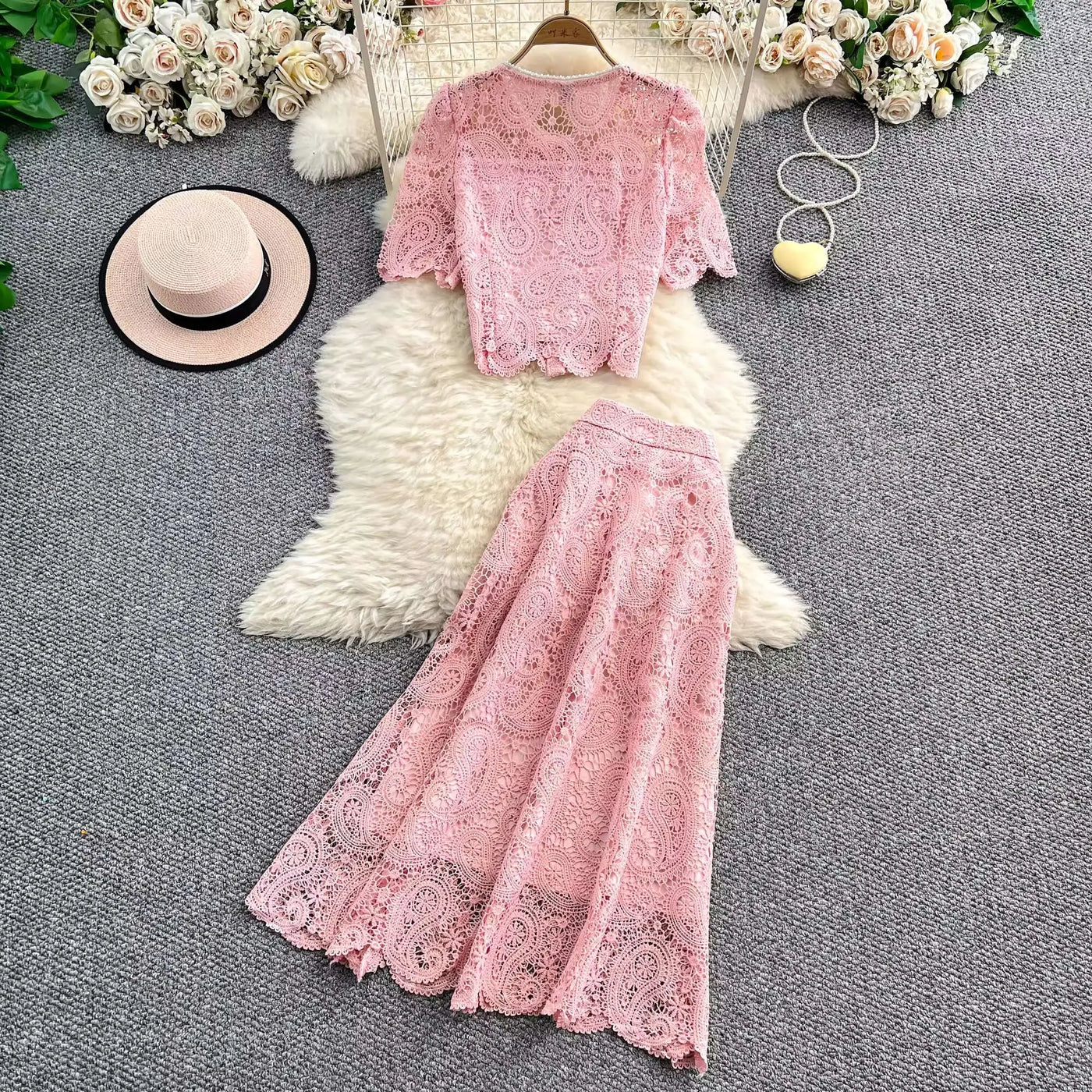 Elegante vestido longo de pérolas, conjunto feminino de 2 peças, manga curta, flor, bordado, camisa de renda, saia midi evasê