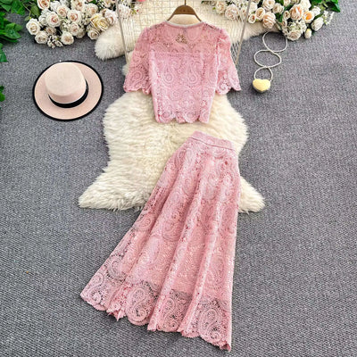 Elegante vestido longo de pérolas, conjunto feminino de 2 peças, manga curta, flor, bordado, camisa de renda, saia midi evasê